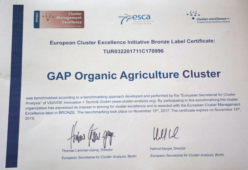 GAP Organik Tarım Küme Projesi’ne Küme Mükemmeliyeti Bronz Etiketi Ödülü