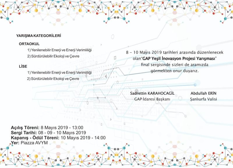 GAP Yeşil İnovasyon 2019 Proje Yarışması Final Sergisi ve Ödül Töreni 8-10 Mayısta Şanlıurfa’da