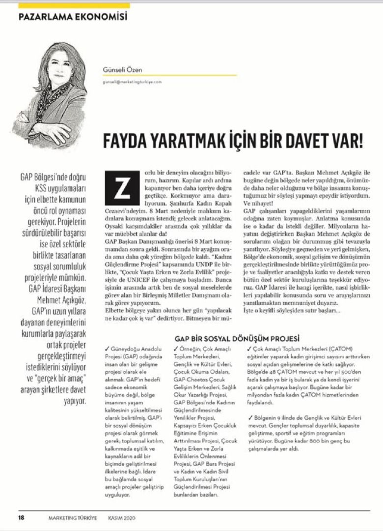 GAP İdaresi Başkan Vekili Mehmet Açıkgöz'ün Marketing Türkiye Dergisi Kasım Sayısı Röportajı